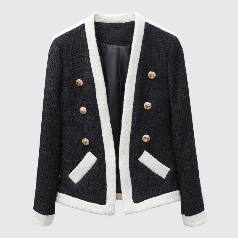 Винтажные Осень весна куртка Женские Полосатые лоскутное двубортный черный Твид
