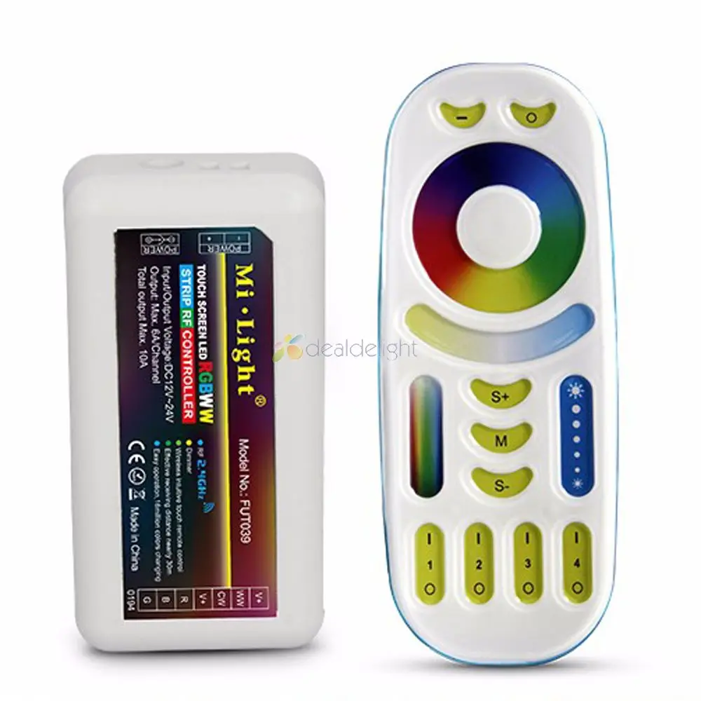 

MiLight RGBWW (RGB+Cool White+Warm White) Controller DC12-24V 2Ax5CH + 2.4G RF Wireless RGB+CCT 4-Zone Touch Remote