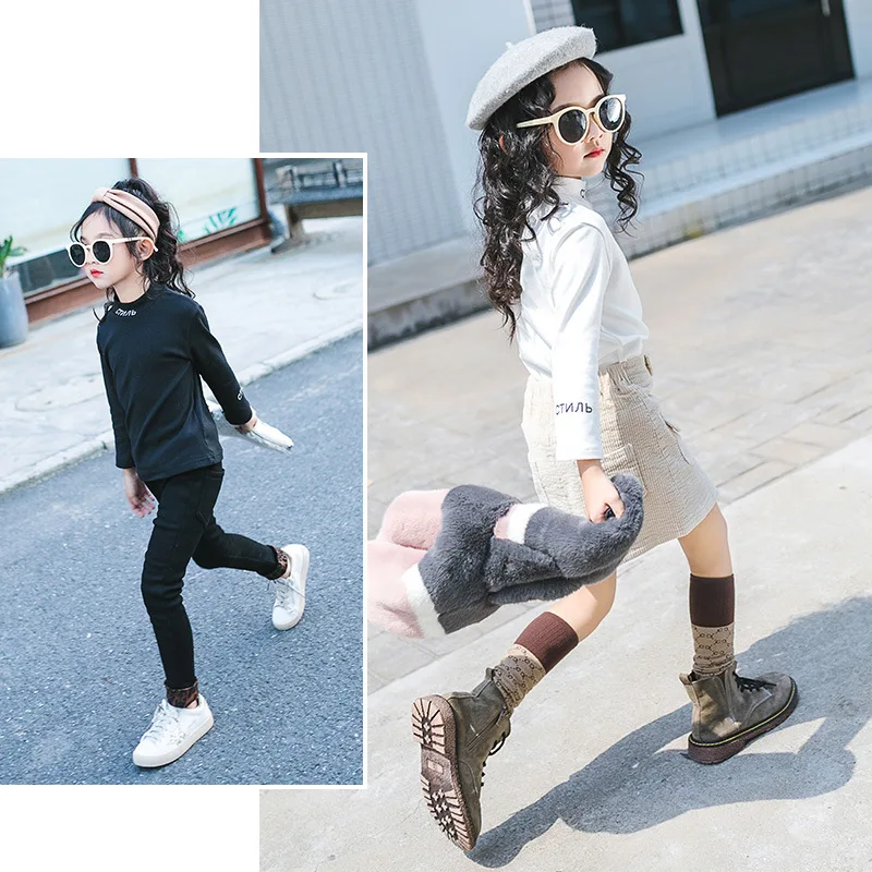 Autumn and winter children's wear girls 2018 new solid color high collar warm bottoming shirt letter t-shirt | Детская одежда и
