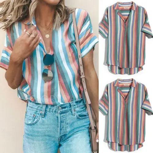 2019 Мода Boho Женская Повседневная летняя рубашка с длинными рукавами в полоску