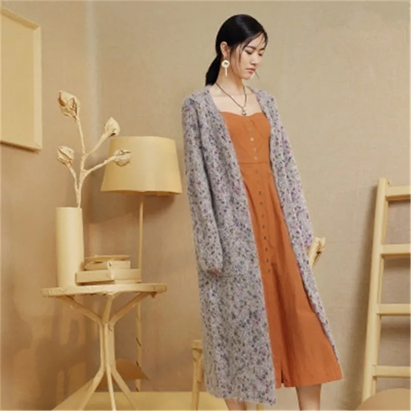 

100%hand made wool blend knit women streetwear Vneck color spot long cardigan sweater one&over size