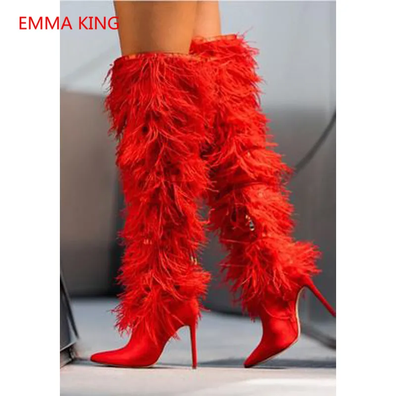 Emma king/пикантные женские туфли на высоком каблуке с острым носком; роскошные женские Сапоги выше колена на молнии с перьями; Ботинки martin для подиума