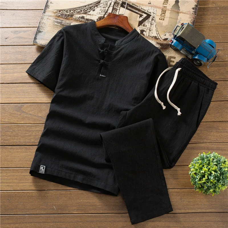 Высококачественный Летний Тонкий льняной комплект, мужская хлопковая облегающая футболка с коротким рукавом, однотонные Свободные повсед... от AliExpress WW