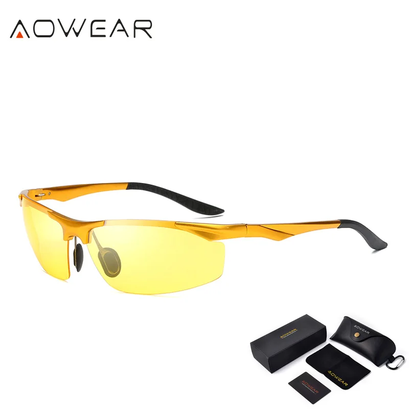 Gold Night Vision AOWEAR HD очки для ночного вождения мужские поляризованные солнцезащитные очки ночного видения мужские алюминиевые желтые солнцезащитные очки для водителя Gafas - Цвет линз: Gold Night Vision