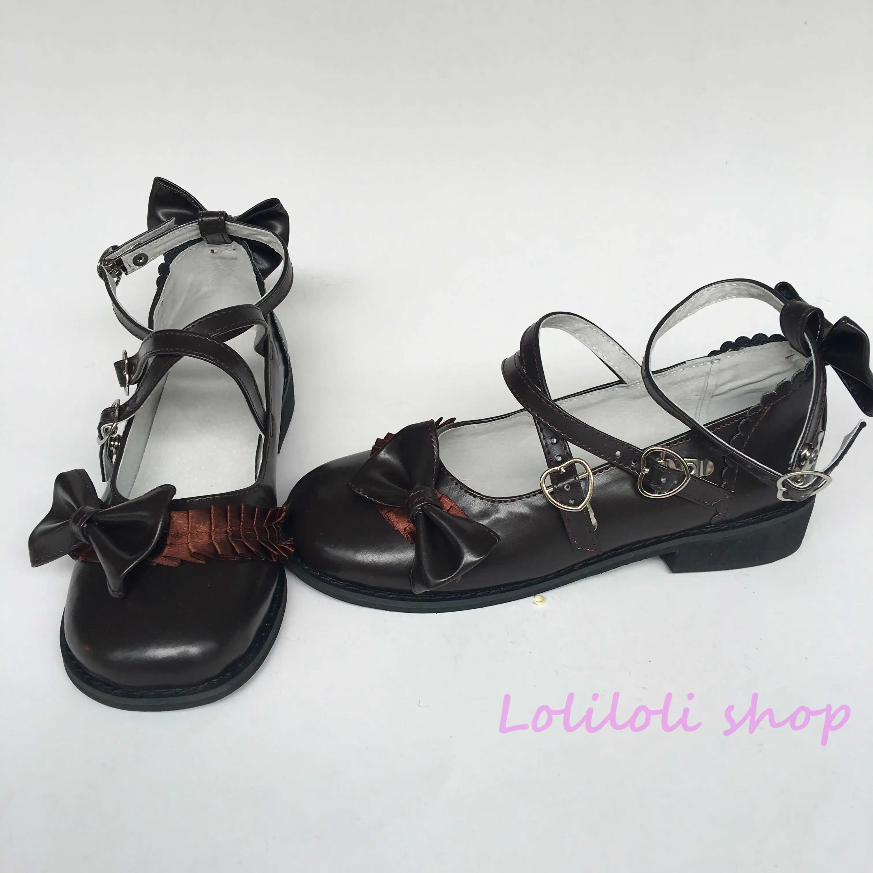 

Princess sweet lolita shoes Loliloliyoyo antaina Japanese design cos shoes custom brown T-Strap low heel shoes with bows an4103