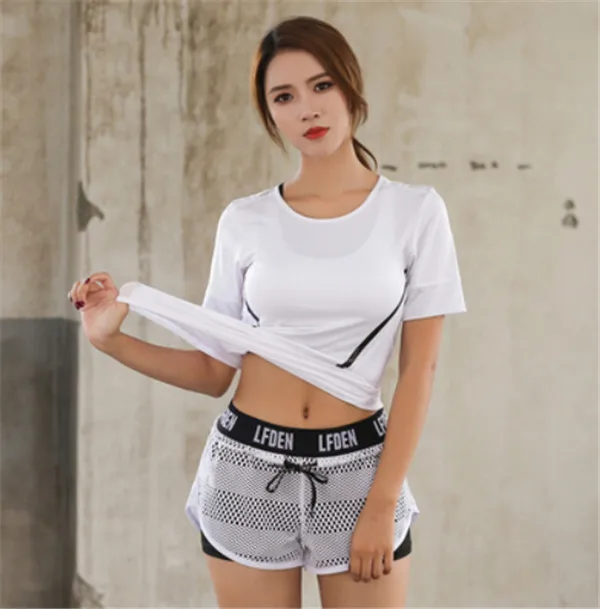 2 piece set c Летний женский спортивный комплект из 4 предметов для бега, быстросохнущая футболка+ бюстгальтер+ сетчатые шорты+ штаны, костюм для фитнеса, спортзала, йоги, одежда для тренировок - Цвет: 2 piece set c