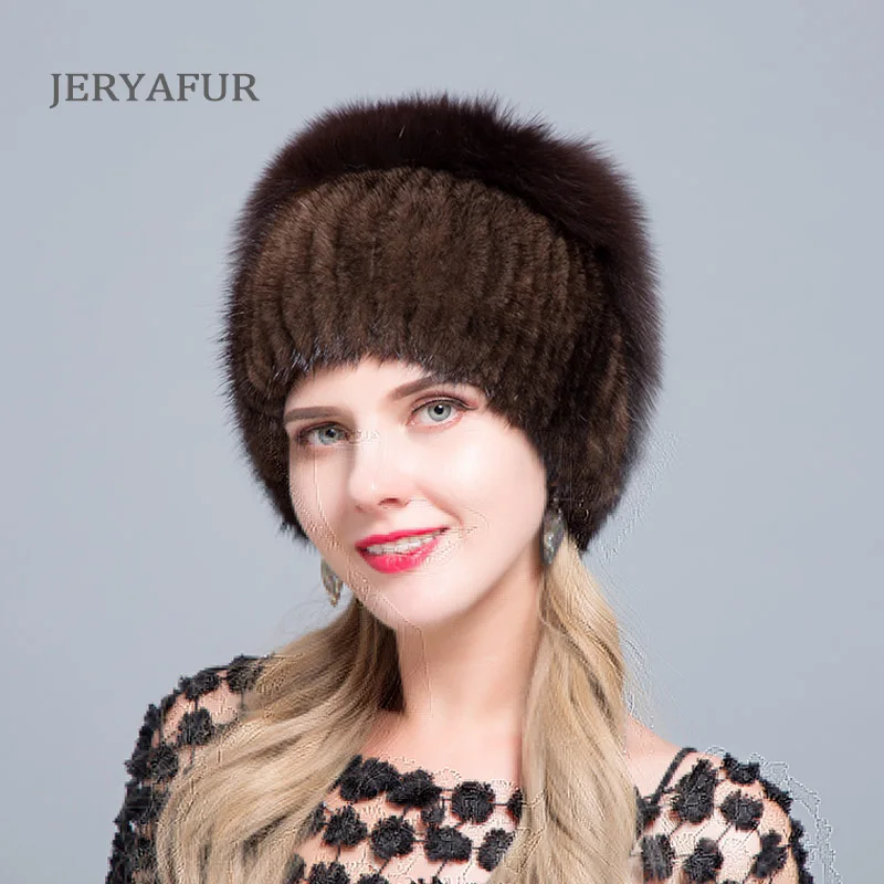JERYAFUR, новые модные зимние шляпы для женщин, меховая шапка из натуральной норки, женские Лоскутные Шапки из лисьего меха, смешанные цвета, внутренние вязаные шапки, теплые