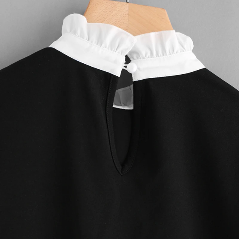 SHEIN Модный Топ С Оборкой И Бусинами Женская Черная Осенняя Блузка Со Стоячим Воротником И Длинными Рукавами