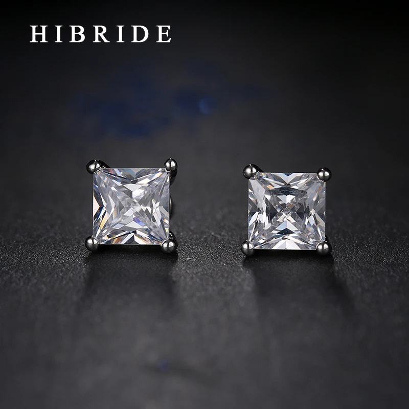 

HIBRIDE Trendy Square Cubic Zirconia Stud Earrings For Men Newest Jewelry White Gold Color Earring Party Gifts E-78