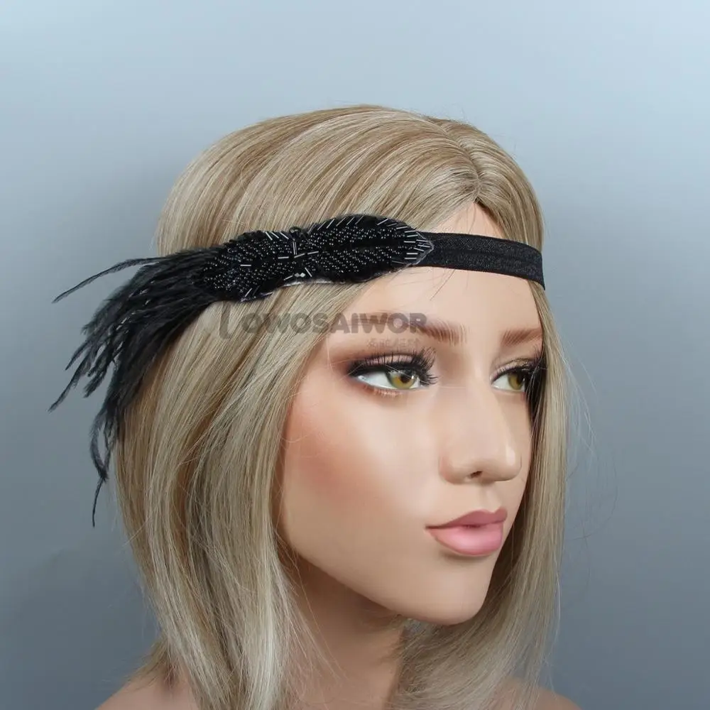 New Design Black Crystal Beading Feather Bridal Headpiece Flapper Headband Gatsby Pageant Party Wedding Hair Jewelry |