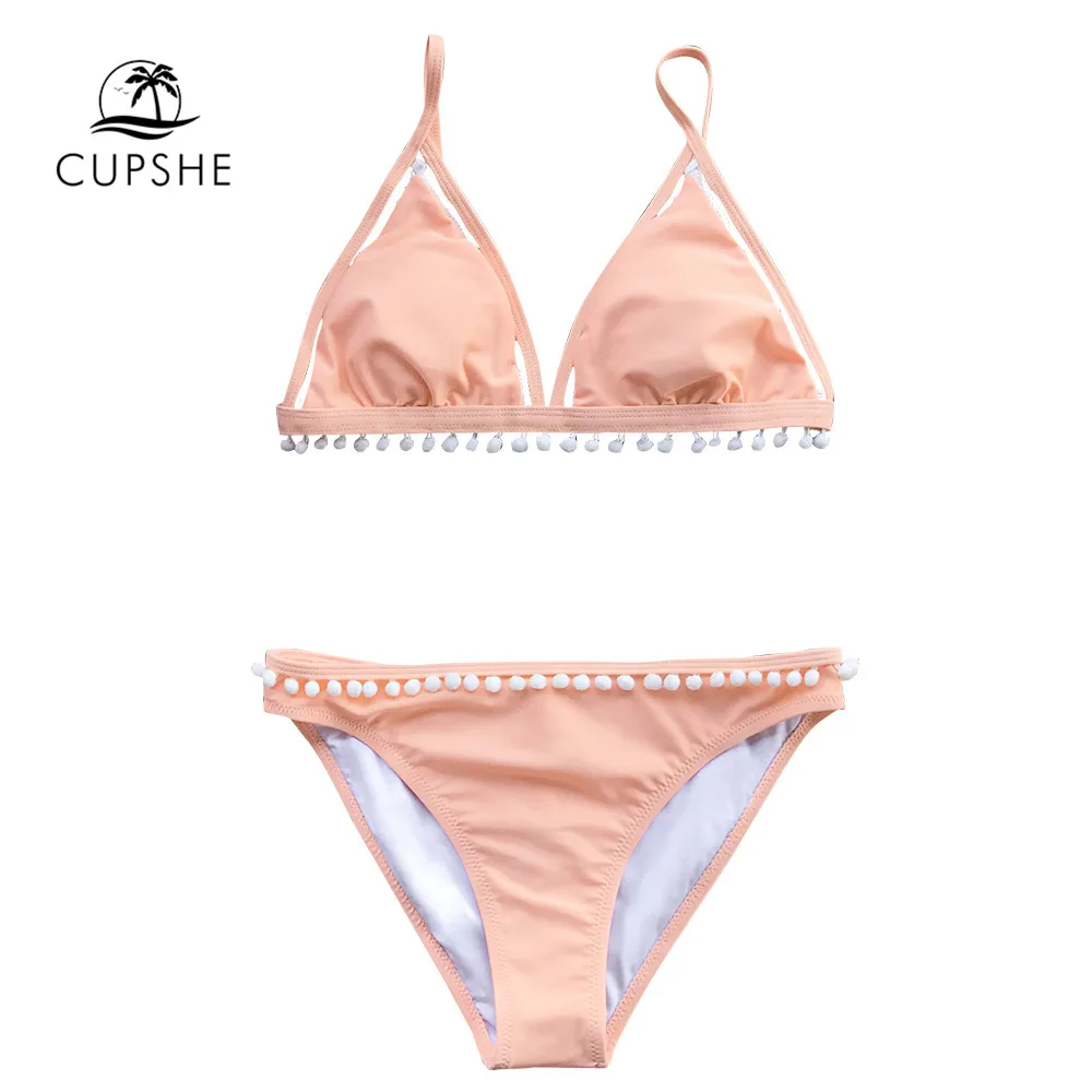 CUPSHE Peachy розовый треугольник бикини с помпонами милые дамы купальник из двух