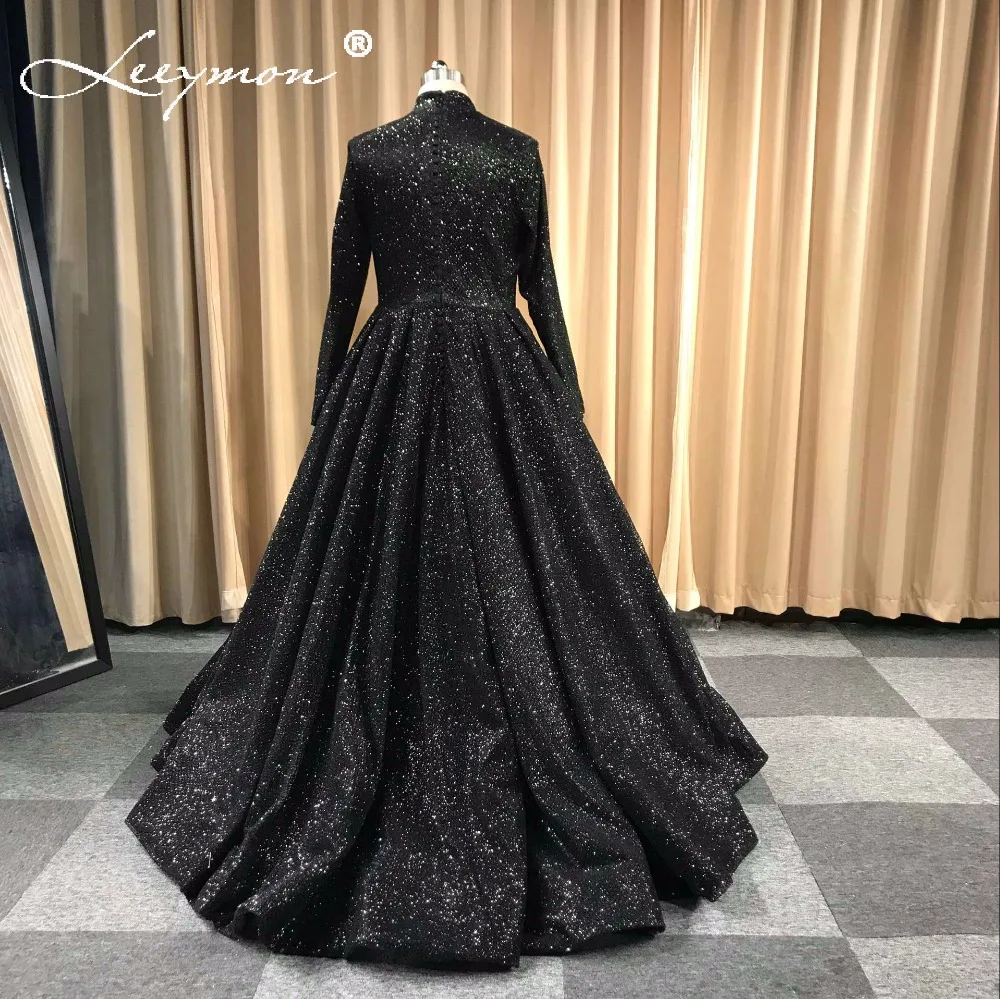 Robe De Soiree блестящее вечернее платье с длинными рукавами Черное вечернее платье длиной до пола с высоким воротом официальное длинное вечернее платье