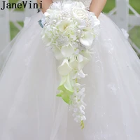 janevini 2019 waterfall wedding flower bouquets with crystal white calla lily pearl beaded artificial bridal bouquets flor novio