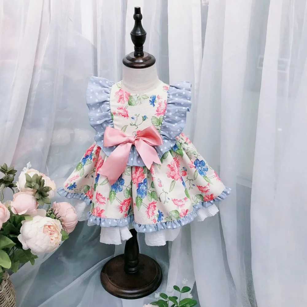 

2PCS Boutique Summer Girl Flower Pompom Princess Dress with Pants Lolita Vintage Spanish Dress for Girls Birthday Party Dress