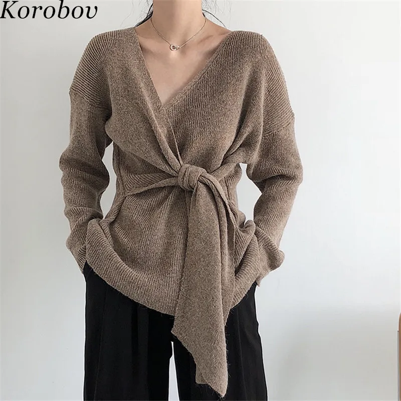 Korobov Sweater Feminine Korean Waist Lace Up Women Sweaters Solid Irregular Sueter Mujer V-Neck Casual Knitted 75917 | Женская одежда