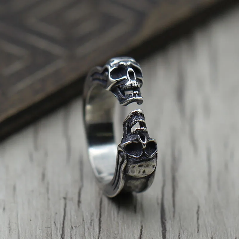 

S925 silver jewelry carved skull opening ring Taiyin personality retro vintage and ring