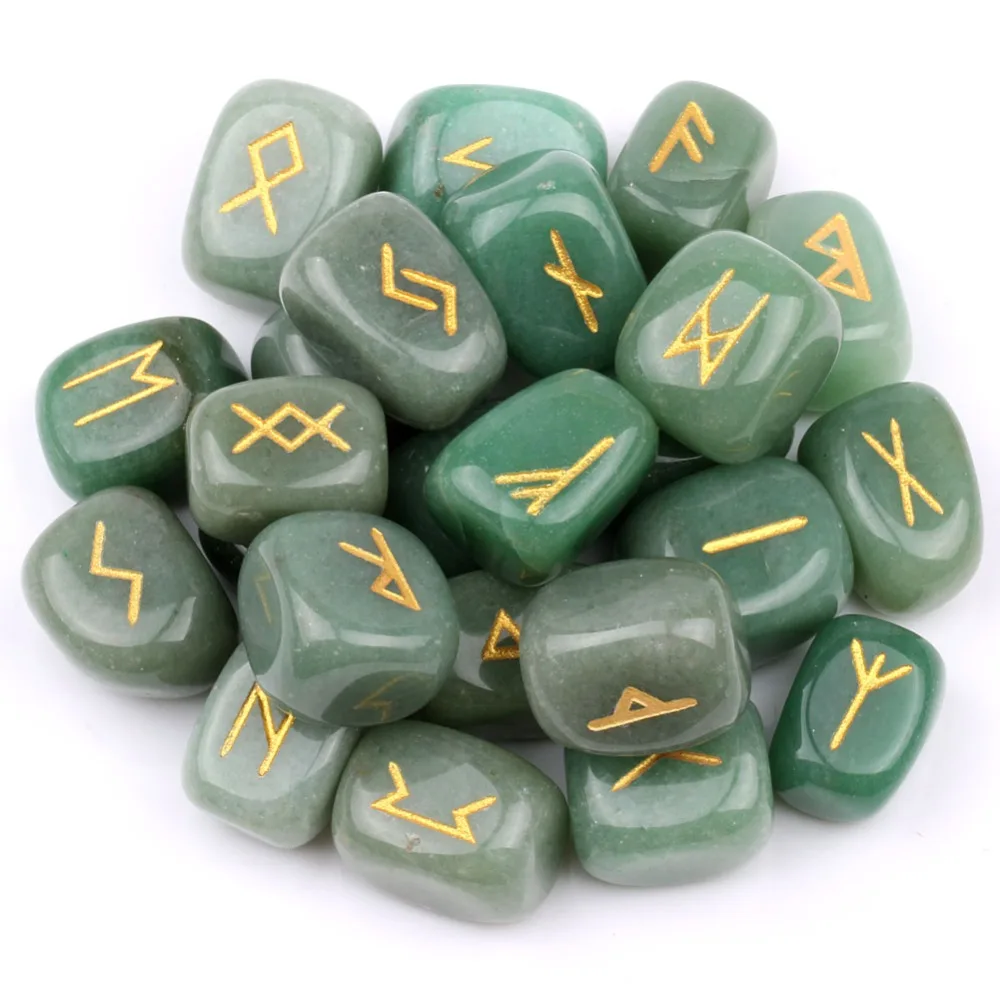 

yaye Natural Green Aventurine Engraved Rune Stones Set Crystal Gemstones Craft Feng Shui Decor 25pcs Set with Velvet Bag