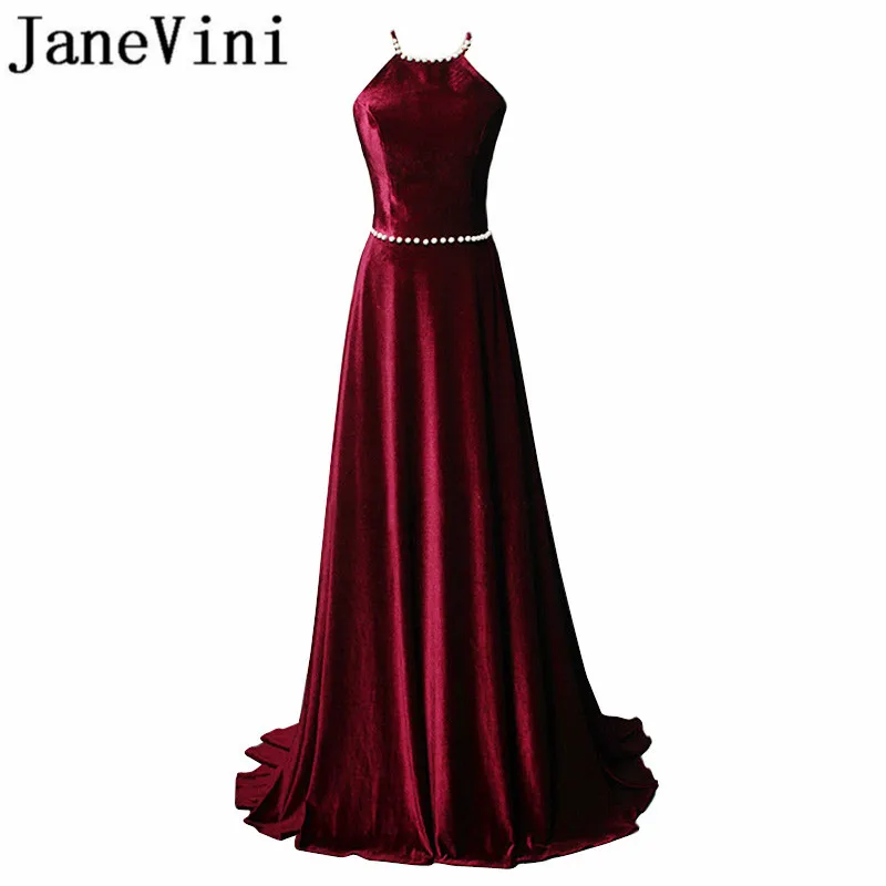

JaneVini 2018 Sexy Velvet Burgundy Long Bridesmaids Dresses Halter A-Line Beaded Backless Sweep Train Formal Party Prom Gowns
