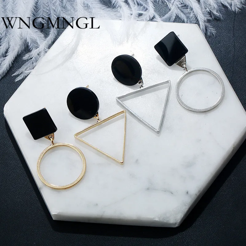 

WNGMNGL 2018 Female Asymmetry Earrings personality Simple Hollow Round Triangle Drop Earring For Women Gold Sliver Color Jewelry