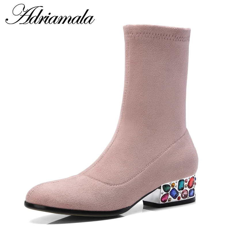 2018 женская обувь из флока сапоги до середины икры без шнуровки на круглый носок квадратный каблук Кристалл