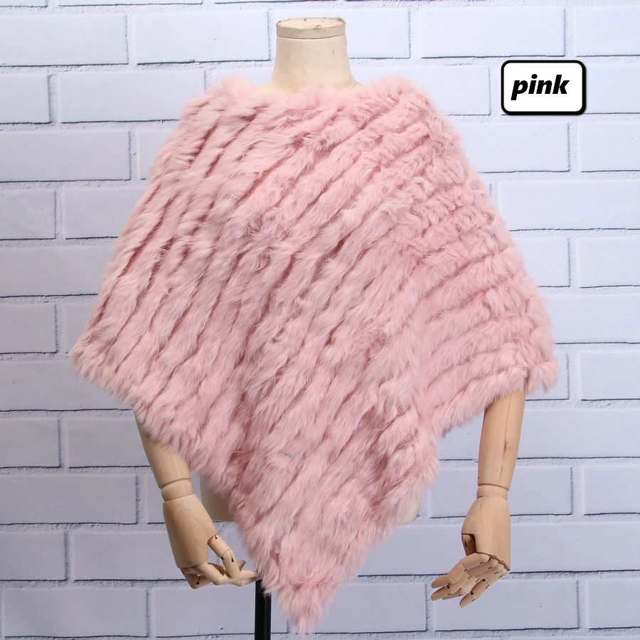 pink ZDFURS* Настоящий вязаный кроличий мех пончо обёрточная бумага пашмины шарфы женский вечерний пуловер натуральный кроличий мех шаль треугольная накидка - Цвет: pink