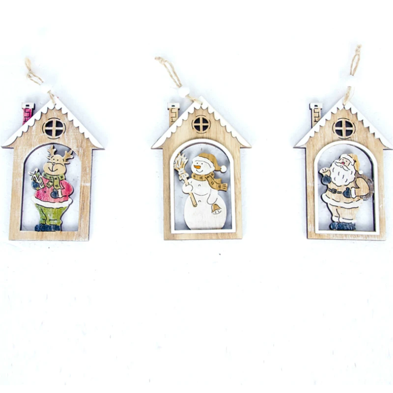Christmas Wooden House Pendant Hollows Santa Claus/Snowman/Elk Ornaments Wood Arts Crafts Xmas Tree New Year Decoration For Home | Дом и сад