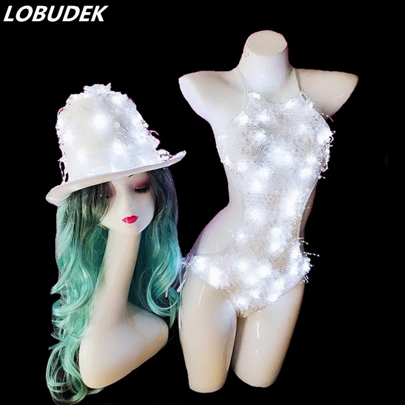 

Women Luminous Costume LED White Hollow Out Bodysuit LED Hat Dance Outfits Nightclub Bar DJ Singer Performance Stage Catsuits