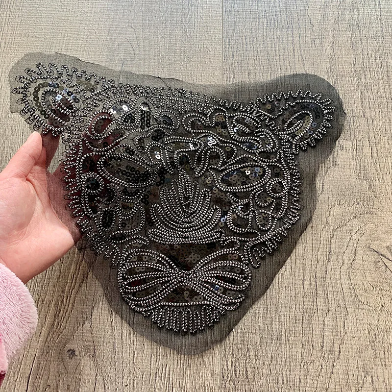 

Large Black Sequin Lace Tiger Head Clothes Embroidered Patches for Clothing Sew on Sweatshirt Leopard Applique Stripes Sticker