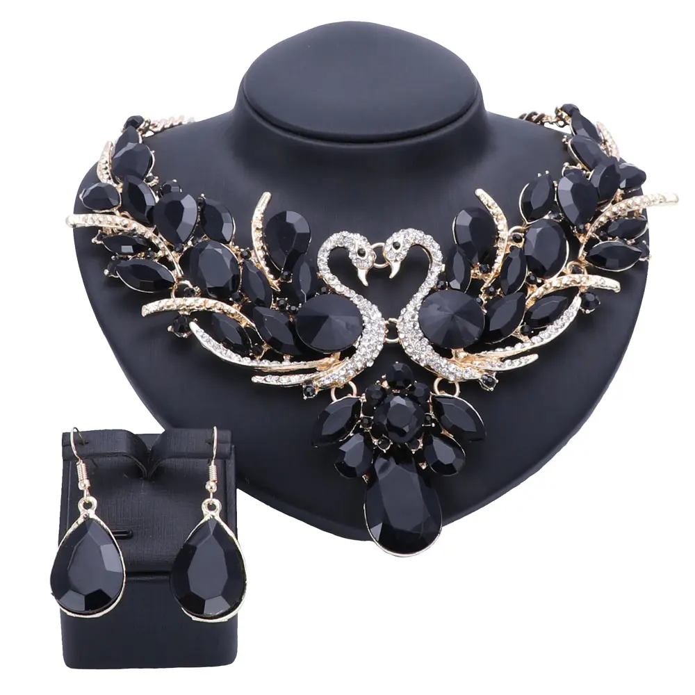 Fashion Crystal Bridal Jewelry Sets Double Swan Gold Color Women Gift Party Wedding Prom Necklace Earring Accessories | Украшения и