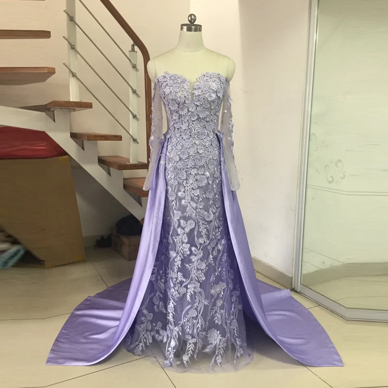 

2019 Overskirt Dresses Evening Wear Mermaid Off The Shoulder Formal Dress With Sleeves 3D Applique Tulle Beaded Long Prom Gowns