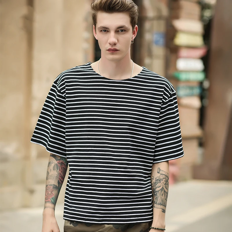 Футболка мужская свободного покроя в полоску брендовая тенниска стиле High Street