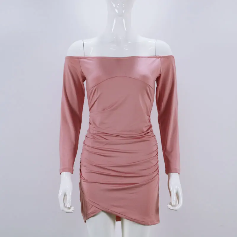 2018 BKLD Long Sleeve Mini Dress Womens Autumn Winter Dresses Women Sexy Party Black Pink Grey Off the shoulder Bodycon | Женская одежда