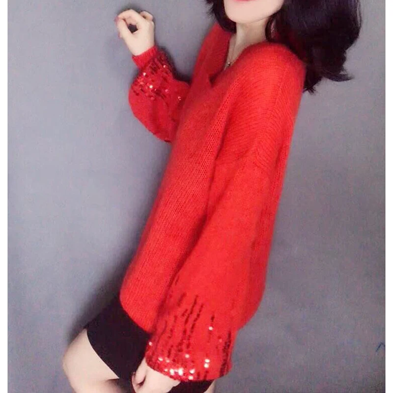 Женский свитер с рукавами-фонариками свободный пайетками на весну 2019 | Женская