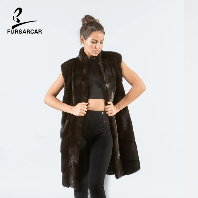 FURSARCAR, модный роскошный женский коричневый натуральный мех норки, зимний жилет для женщин, натуральный мех, женский жилет