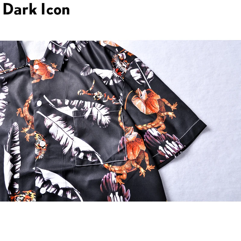 Мужская рубашка в стиле хип-хоп с принтом темных листьев и отложным воротником