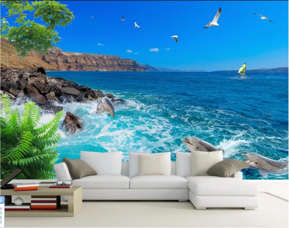 

Настенные 3D-обои на заказ, рисунок голубого неба, моря, Дельфина, настенные 3d обои для стен, домашний декор для гостиной