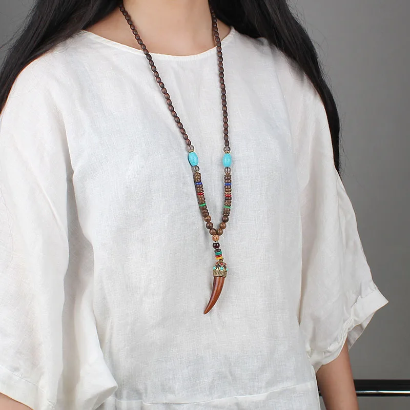 Tibetan Buddhist Mala Wood Beads Necklace Vintage Nepal Charm Ox Horn Pendant Necklace Women Meditation Rosary Necklace Dropship