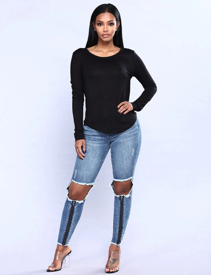 2018 ripped hole high street sexy Jeans Women High Waist Skinny Pencil Blue Denim Pants knee Zipper Elastic Stretch women | Женская