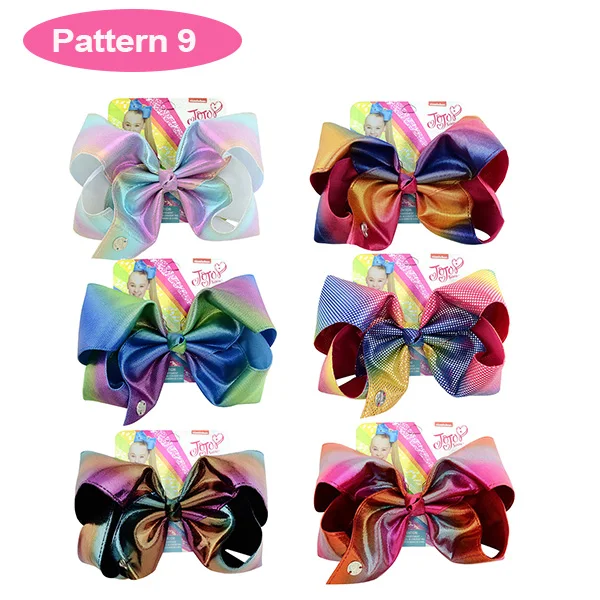 Pattern9 8 дюймовые большие Jojo заколки для волос для девочек, банты с металлическими и карточными блестками, Радужный Единорог, рог, бант-узел, 27 стилей, Jumbo Jo Ленточные банты - Цвет: Pattern9