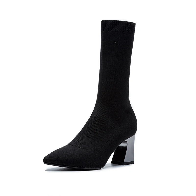 Black booties MNIXUAN Stovepipe/эластичные сапоги; пикантная женская обувь; ботфорты выше колена; Новинка года; вязаные высокие сапоги с острым носком на высоком каблуке - Цвет: Black booties