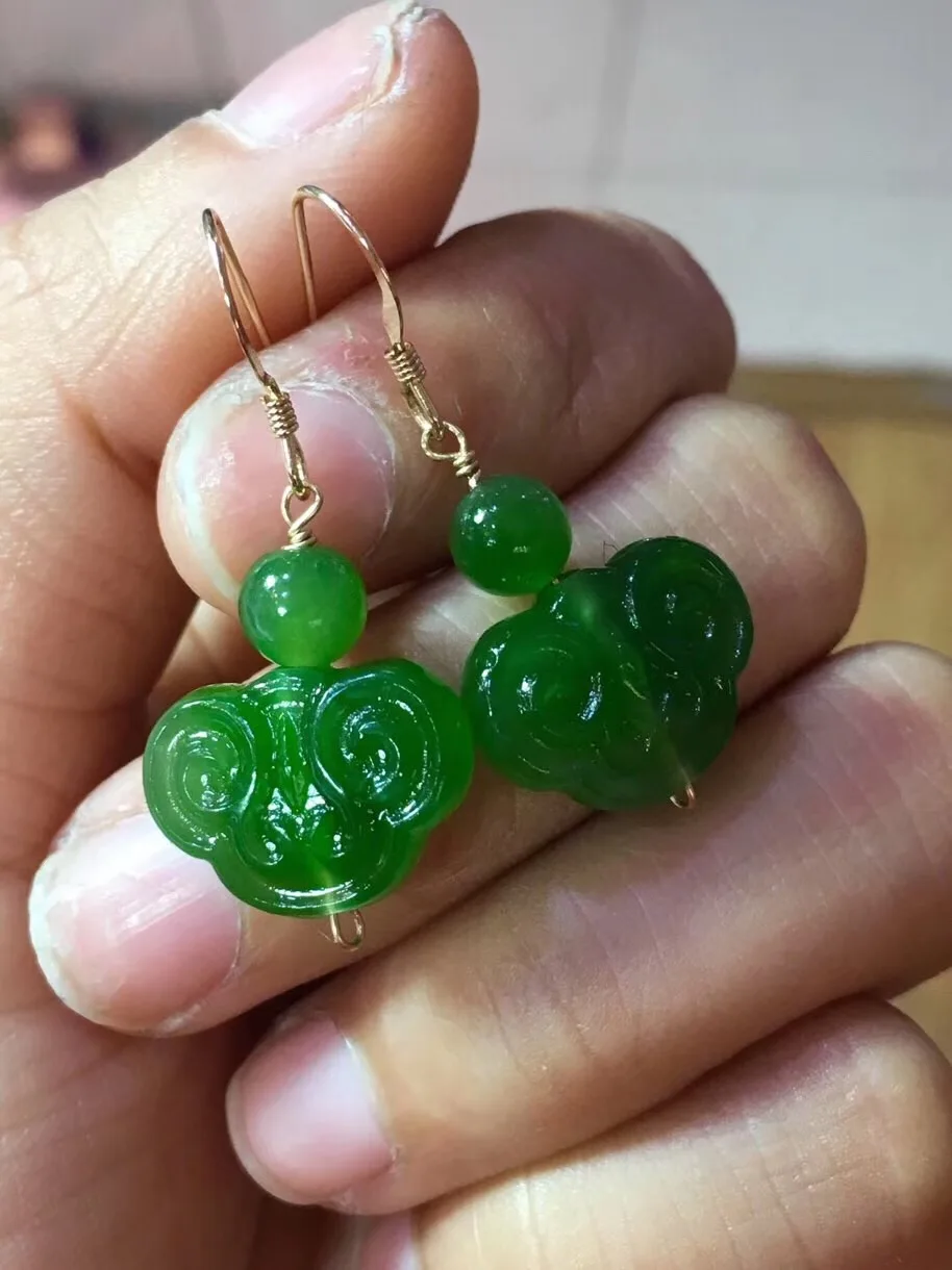 

Genuine Natural Green Jade Drop Earrings For Stone Women Lady Lock Shape 14K Sterling Fine Fashion Earrings For Gift AAAAA
