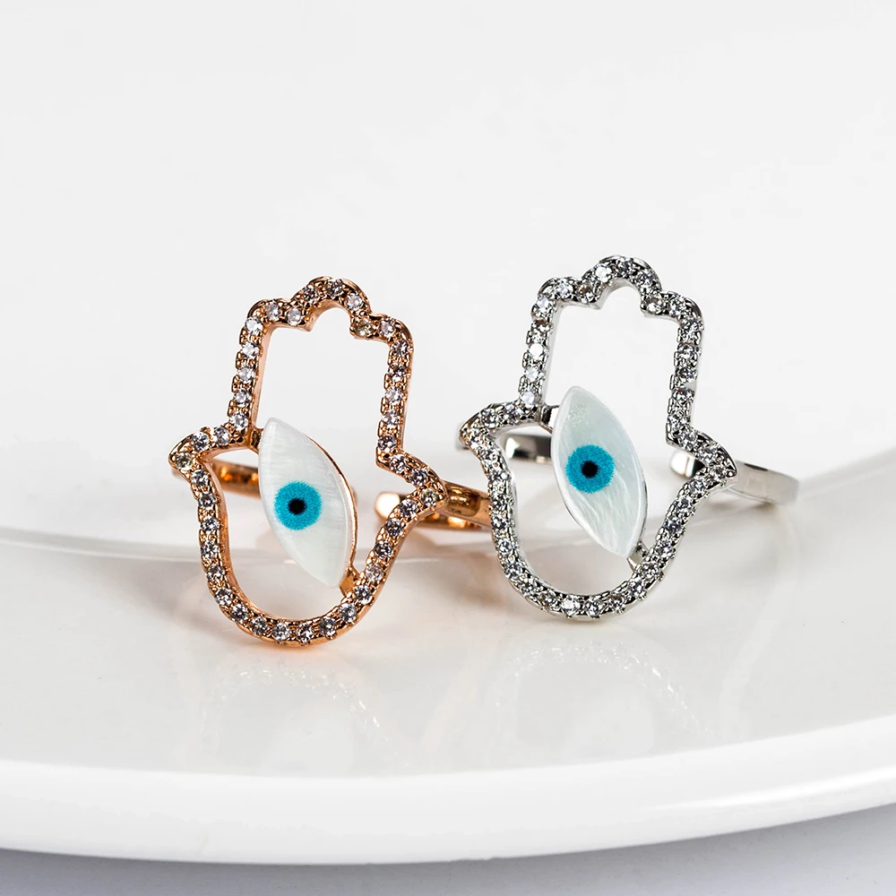 Лаки глаз хамса руки кольцо Evil Eye Медь Micro Pave CZ Shell кольцо для Для женщин Jewelry Кольцо подарки Регулируемый EY5178