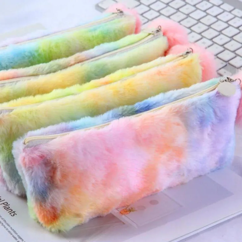 

Радужная плюшевая сумка для карандашей, женская сумка для ручек, подарок для девушек, большая сумка для хранения, пенал, чехол для ручек, кор...