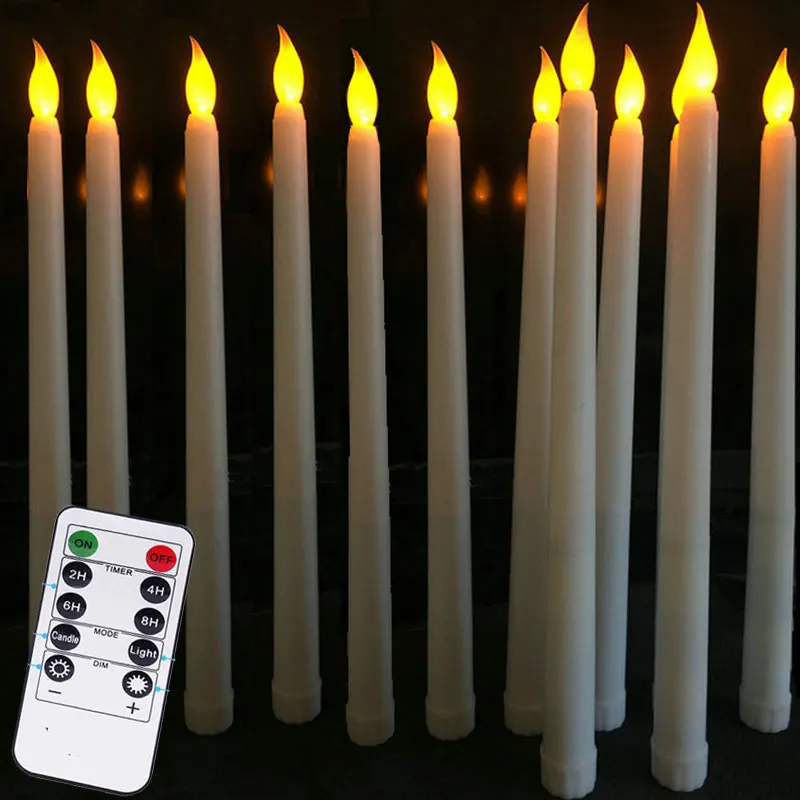 Pack of 6 Remote or not Remote Control Yellow Light Long Plastic Taper Candles,Not wax material 28 cm Remote Flameless Candles
