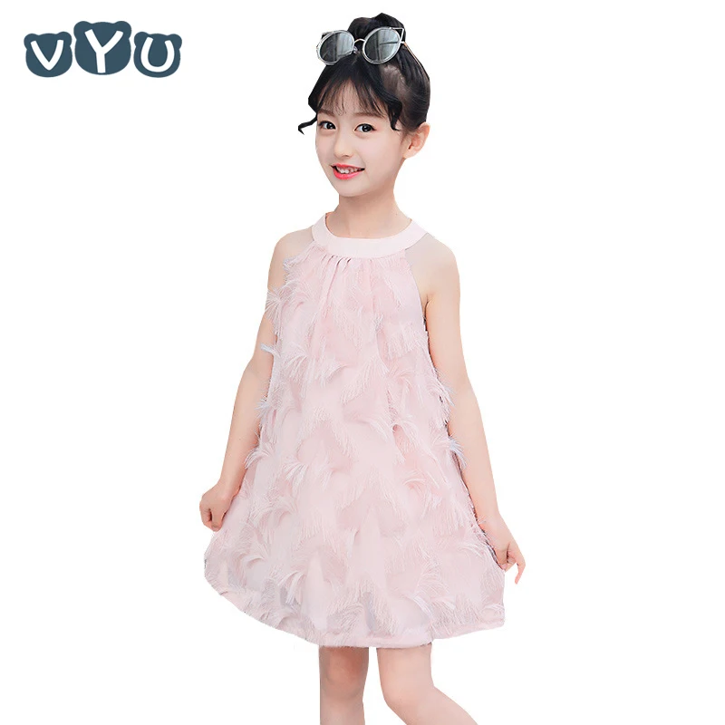VYU Girls Dresses 4~14 Yrs Children Clothing Summer 2020 Cotton O-Neck Strap Princess Dress Feather Tassel Sweet Vestido | Детская