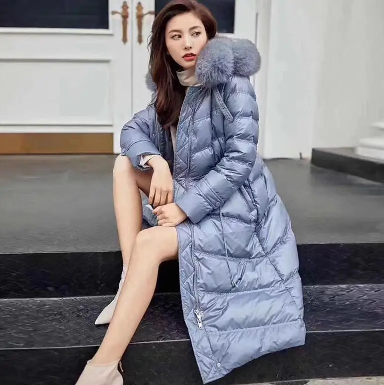 Blue Зимний длинный пуховик, Женское пальто, розовый, черный, водонепроницаемый пуховик, большой воротник из натурального Лисьего меха, с капюшоном, теплые толстые пальто, зимняя одежда - Color: Blue