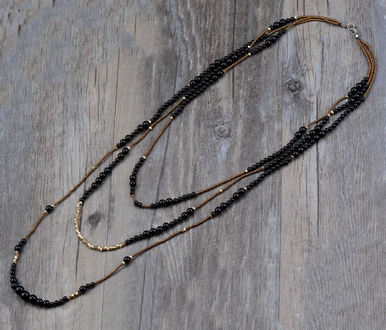 Boho Black Onyx with Seed Beads 3 Layers Beaded Necklaces Classic Natural Stones Women Statement Necklace Vintage Jewelry | Украшения и