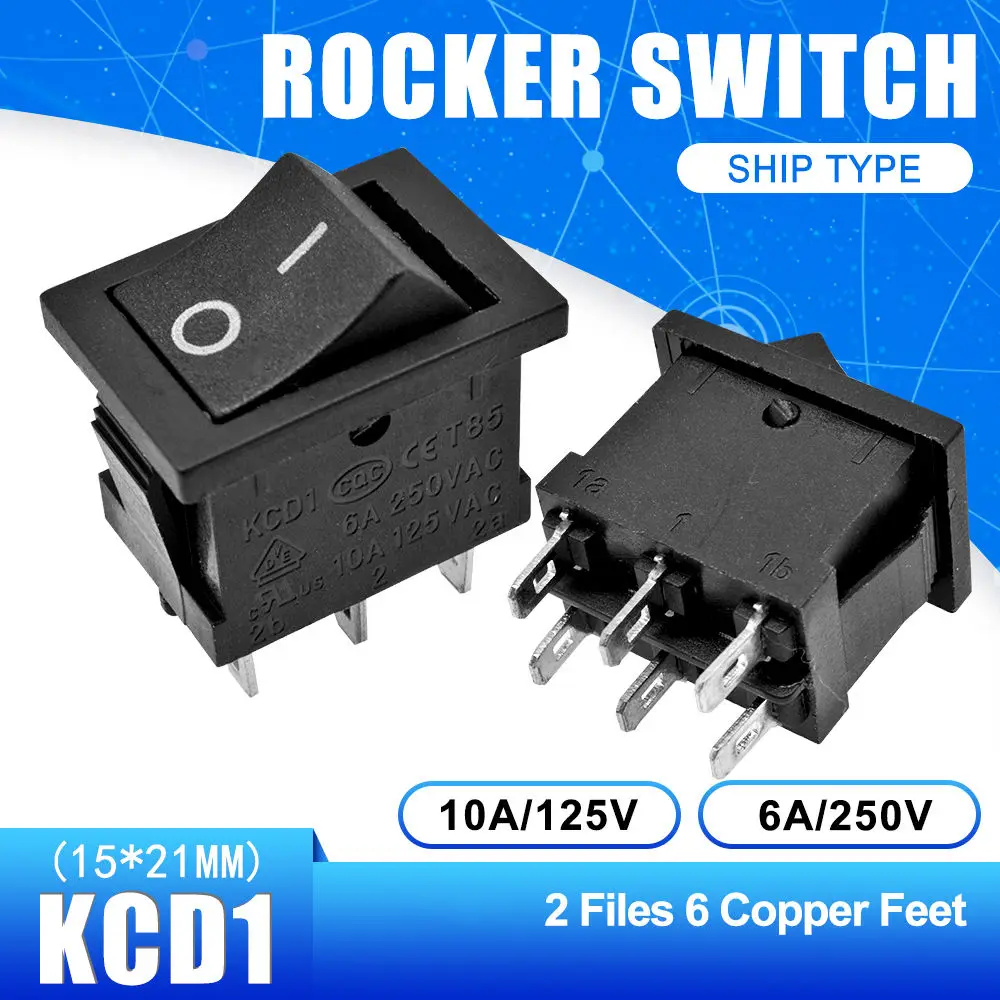 On-Off 6 Pin 5 шт. KCD1 Кулисный панель-переключатель ВКЛ-ВЫКЛ-ВКЛ кнопка 2 штифты 3 штифты 4 штифты 6 штифтов выключатель света 6A 250 В/10A 125 в 15*21 мм - Цвет: On-Off 6 Pin
