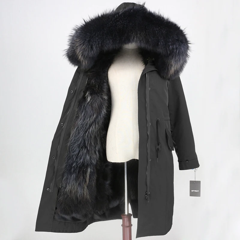 OFTBUY X-long Parka, водонепроницаемая тканевая зимняя куртка, Женское пальто с натуральным мехом енота, меховой воротник, капюшон, Лисий мех, съемная подкладка - Цвет: black dark grey C