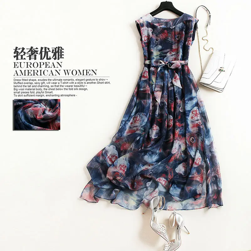 Мода цветочные печатный рукавов круглым воротом кружева dress summer женский